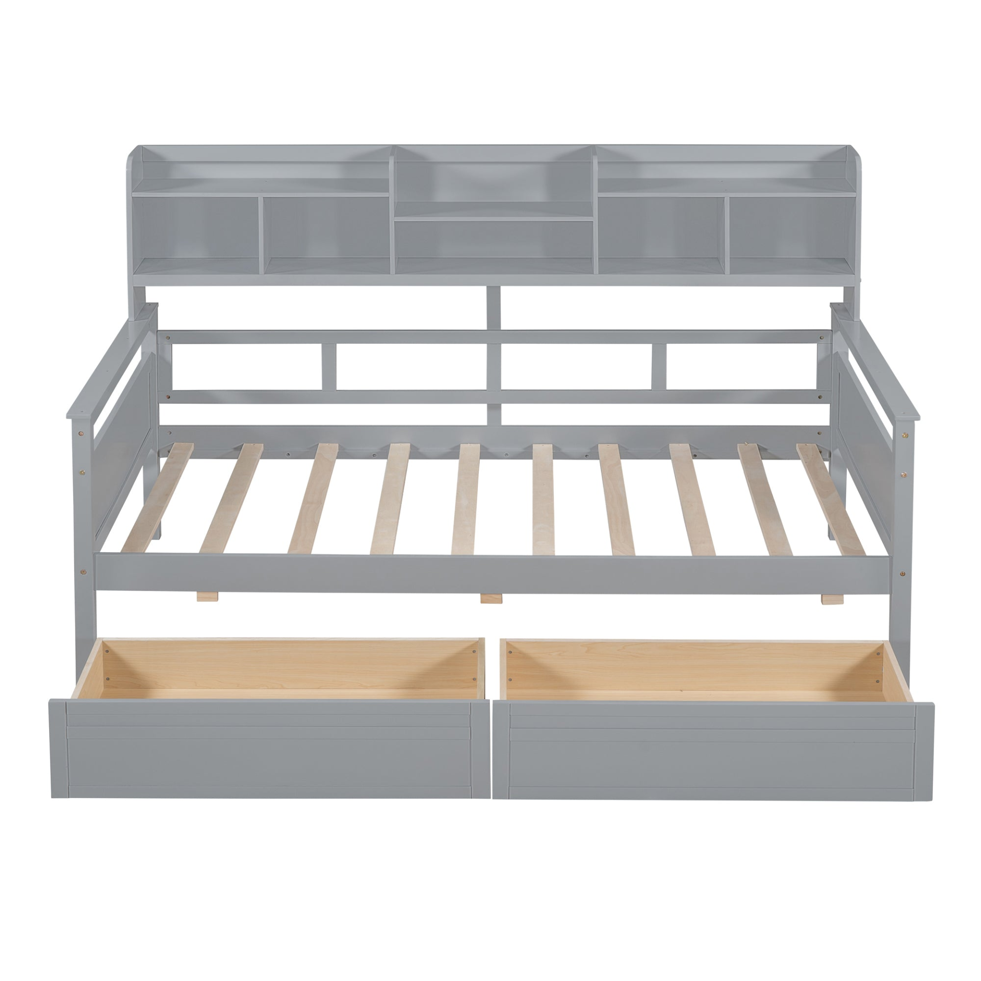 Start2Finish twin size wood slat daybed with bedside shelves and two drawers, showcasing its sturdy frame and functional storage.
