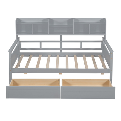 Start2Finish twin size wood slat daybed with bedside shelves and two drawers, showcasing its sturdy frame and functional storage.