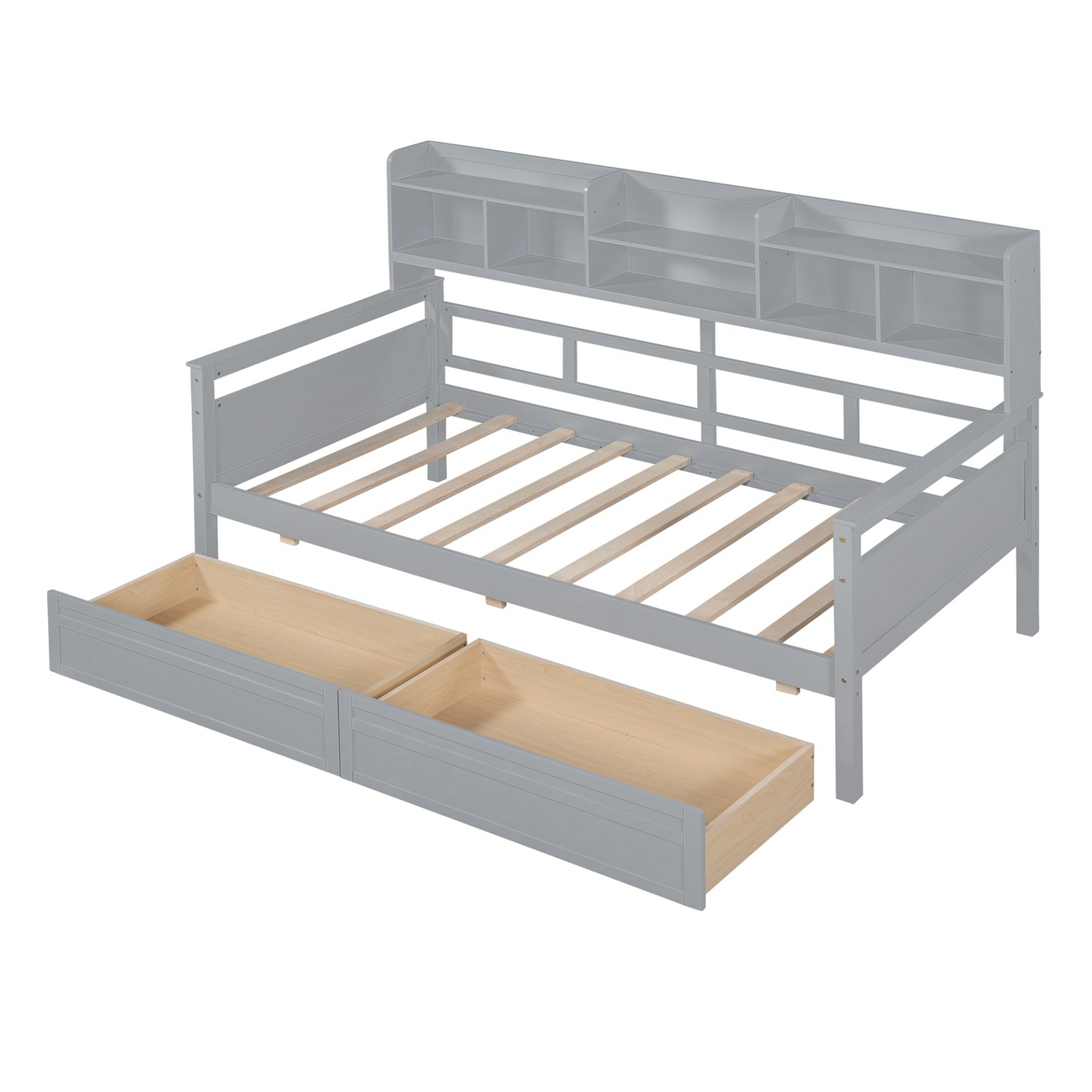 Twin size Start2Finish daybed with wood slat support, bedside shelves, and two drawers, featuring a modern wooden furniture design.