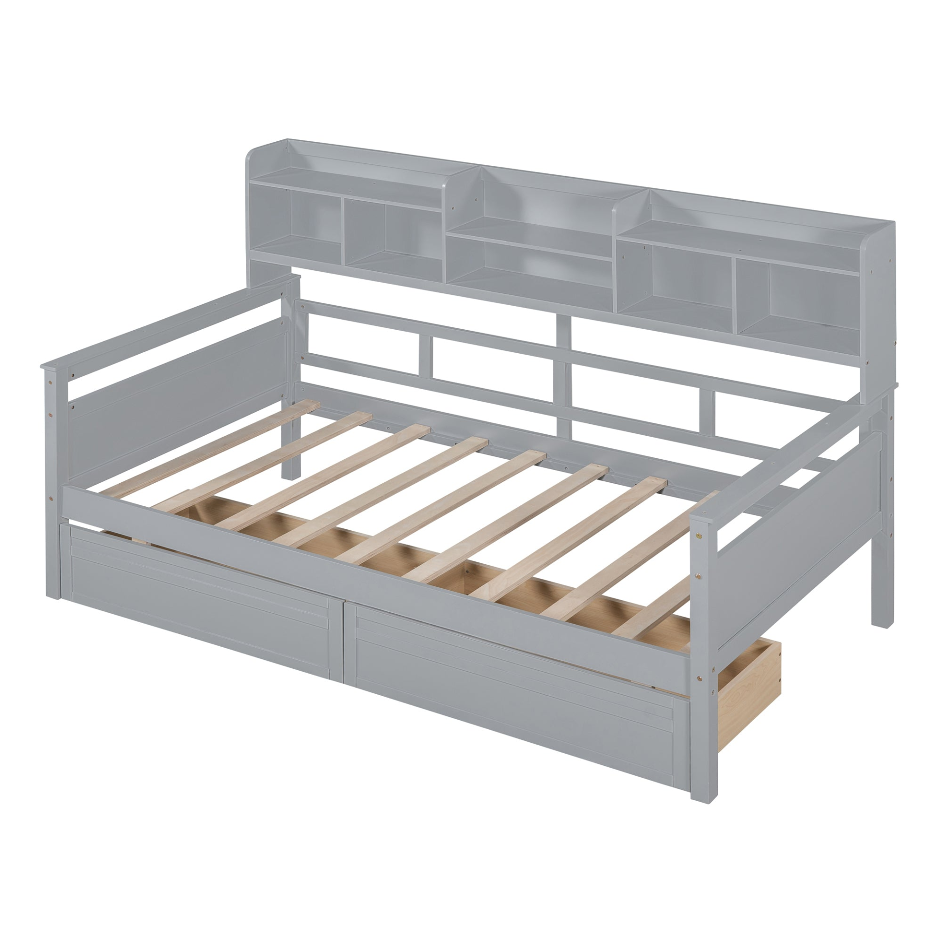 Twin size Start2Finish daybed with wood slat support, bedside shelves, and two drawers, featuring a modern furniture design.