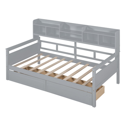 Twin size Start2Finish daybed with wood slat support, bedside shelves, and two drawers, featuring a modern furniture design.