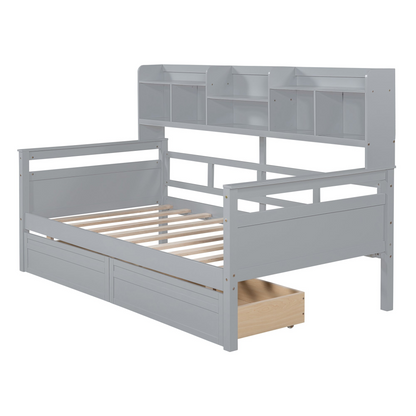 Twin size Start2Finish daybed with wood slat support, bedside shelves, and two drawers in a modern furniture design.