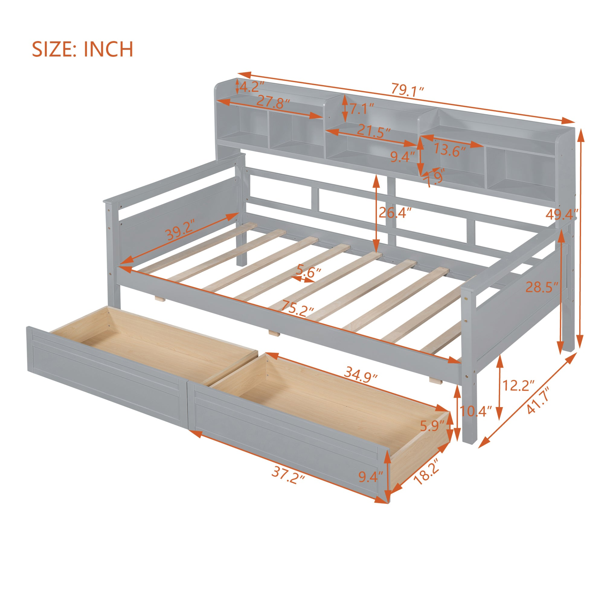 Twin size Start2Finish daybed with wood slat support, bedside shelves, and two drawers, showcasing a modern furniture design.