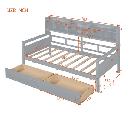 Twin size Start2Finish daybed with wood slat support, bedside shelves, and two drawers, showcasing a modern furniture design.