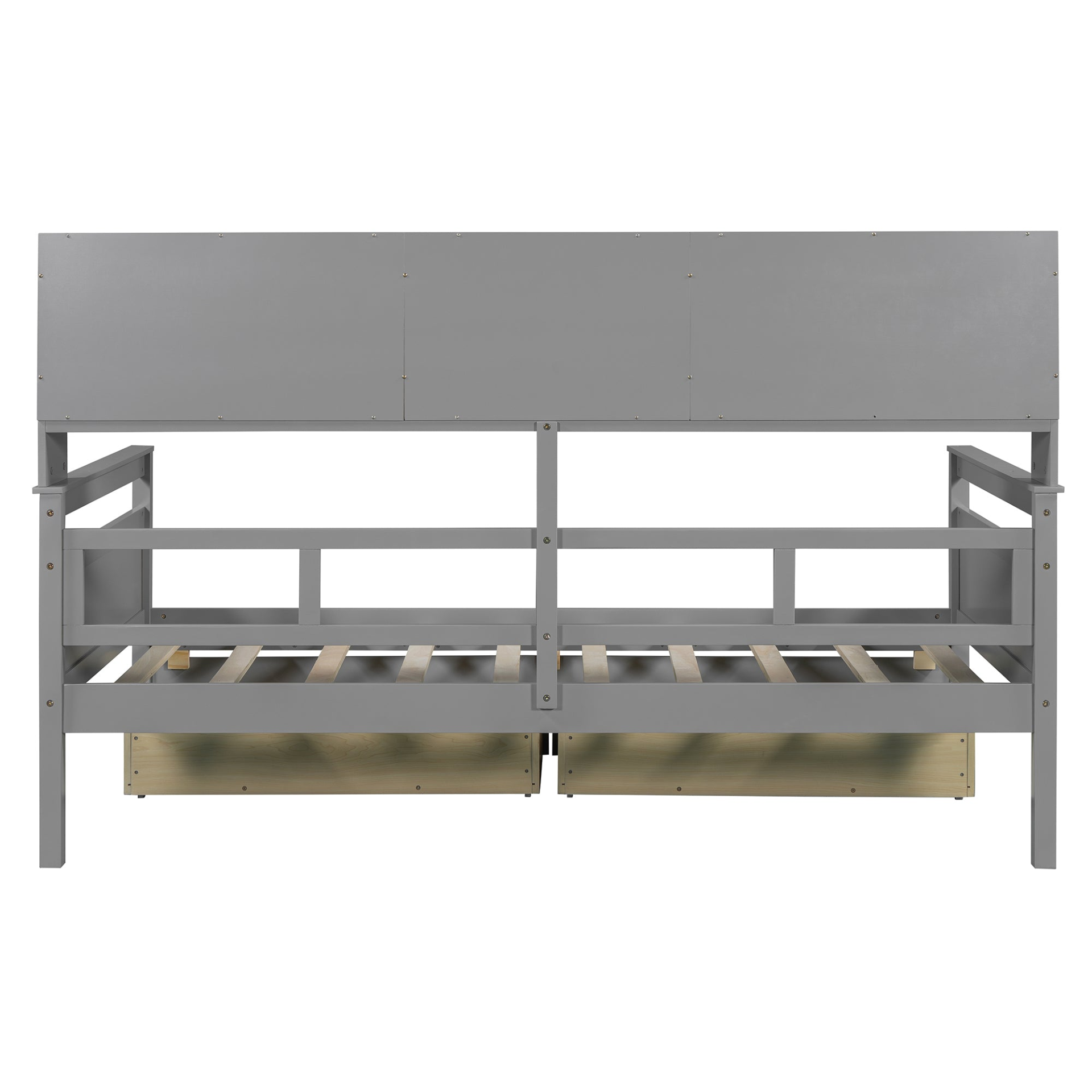 Twin size Start2Finish daybed with wood slat support, bedside shelves, and two drawers in a modern furniture design.