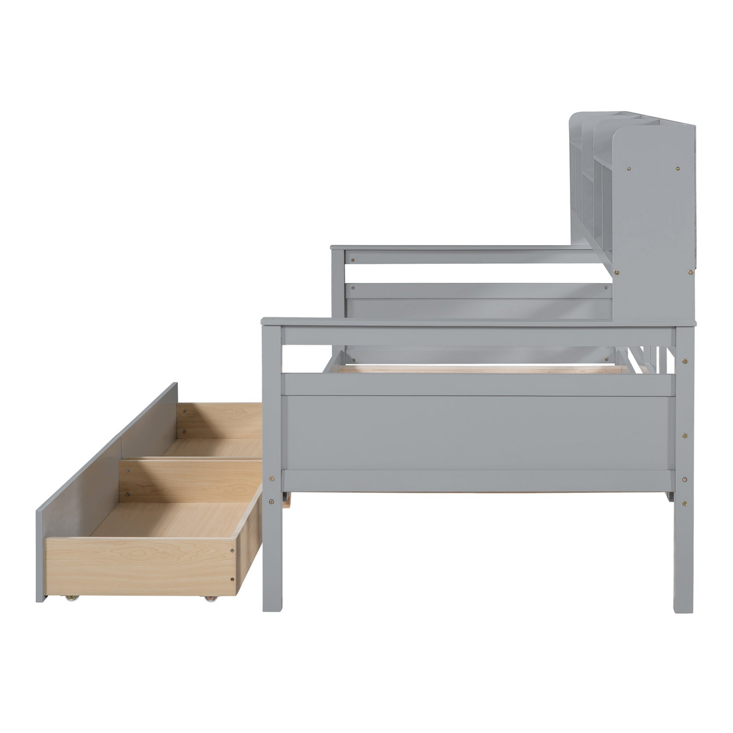 Start2Finish twin size daybed with wood slat support, bedside shelves, and two drawers, showcasing a stylish and functional furniture piece.