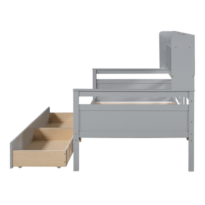 Start2Finish twin size daybed with wood slat support, bedside shelves, and two drawers, showcasing a stylish and functional furniture piece.
