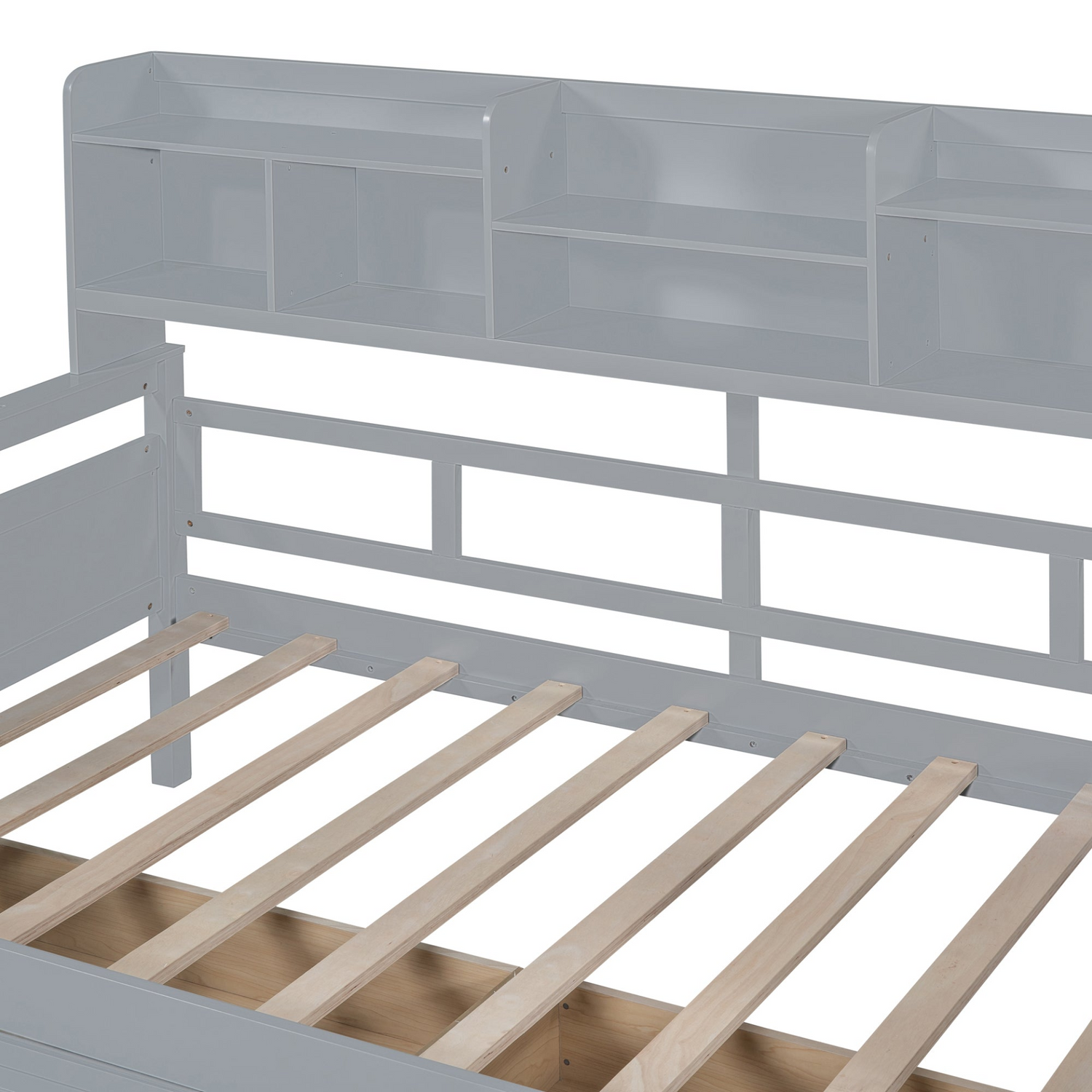 Twin size Start2Finish daybed with wood slat support, bedside shelves, and two drawers, showcasing a modern furniture design.