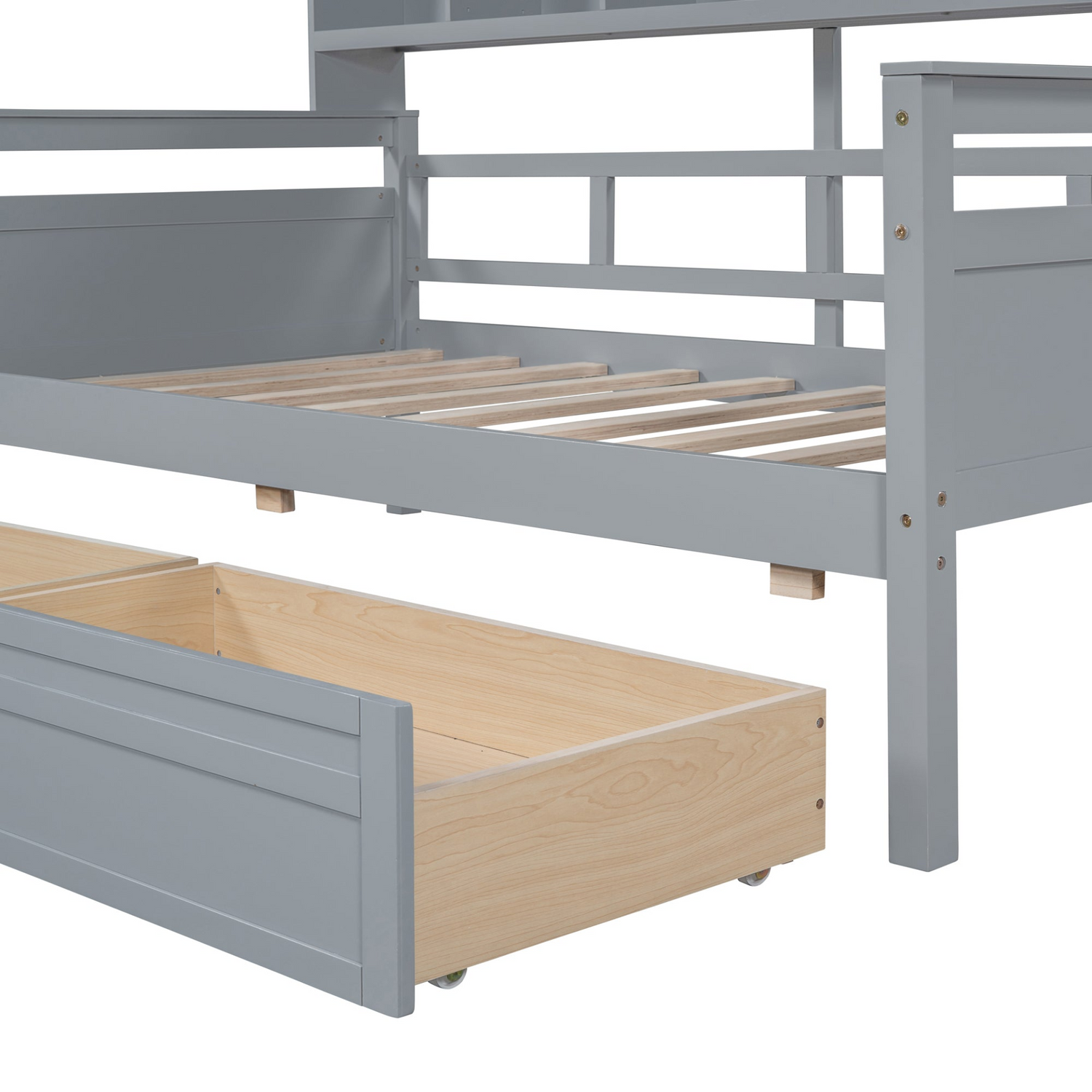 Twin size Start2Finish daybed with wood slat support, bedside shelves, and two drawers, showcasing its stylish furniture design.