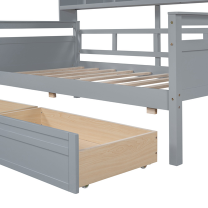 Twin size Start2Finish daybed with wood slat support, bedside shelves, and two drawers, showcasing its stylish furniture design.