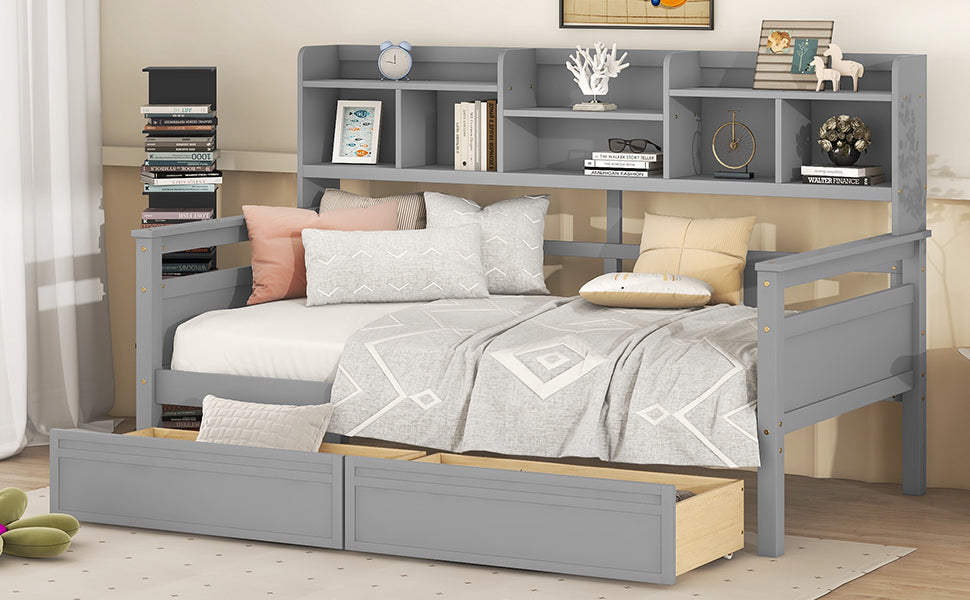 Twin size Start2Finish daybed with wood slat support, built-in bedside shelves, and two storage drawers in natural wood finish.