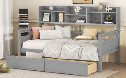 Twin size Start2Finish daybed with wood slat support, built-in bedside shelves, and two storage drawers in natural wood finish.