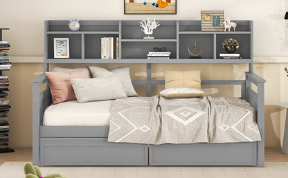 Twin size Start2Finish wood daybed with slat support, bedside shelves, and two drawers, showcasing a modern furniture design.