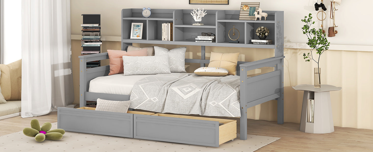 Twin size Start2Finish daybed with wood slat support, bedside shelves, and two drawers, featuring a sturdy wooden frame and storage.