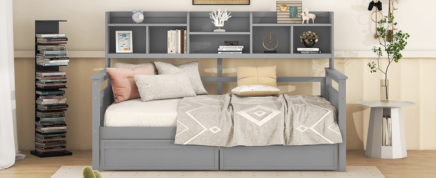 Twin size Start2Finish wood slat daybed with bedside shelves and two drawers, showcasing its sturdy frame and functional design.