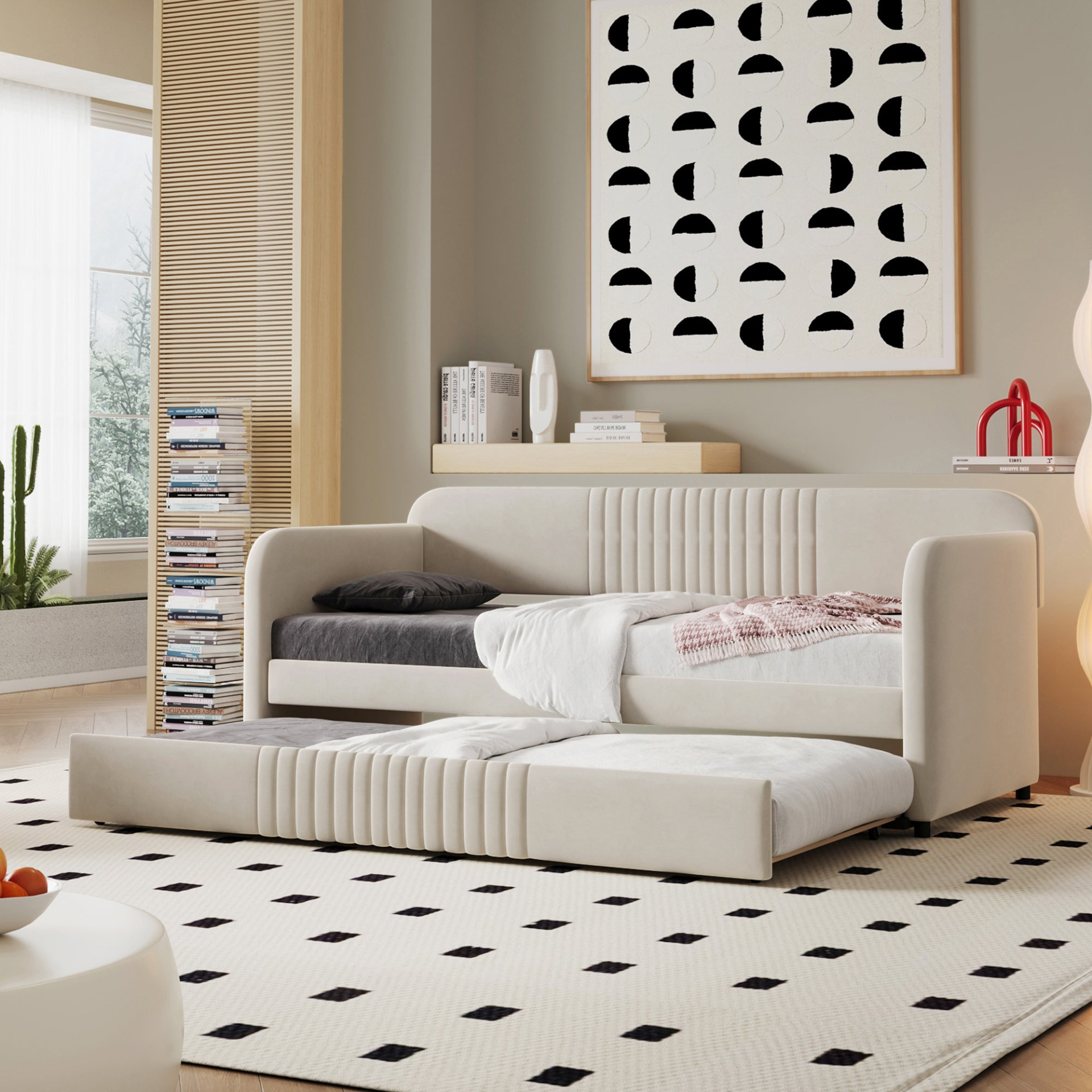 Start2Finish upholstered twin size daybed sofa bed with trundle and wood slat base, showcasing plush fabric and sturdy construction.