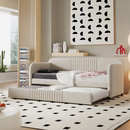 Start2Finish upholstered twin size daybed sofa bed with trundle and wood slat base, showcasing plush fabric and sturdy construction.