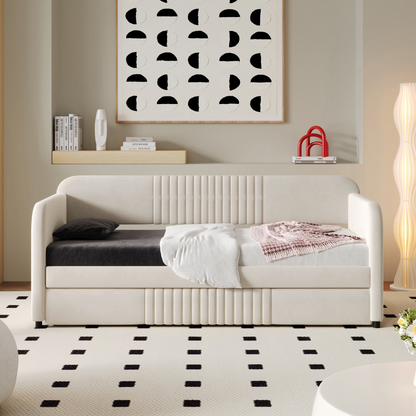 Start2Finish upholstered twin size daybed sofa bed with trundle and wood slat base, showcased in a modern living space.