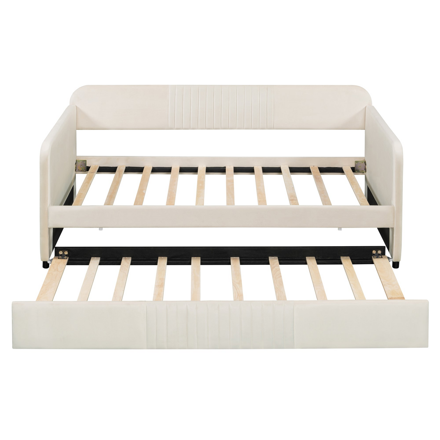 Start2Finish upholstered twin size daybed sofa bed with trundle and wood slat base, featuring cushioned upholstery and wooden frame.