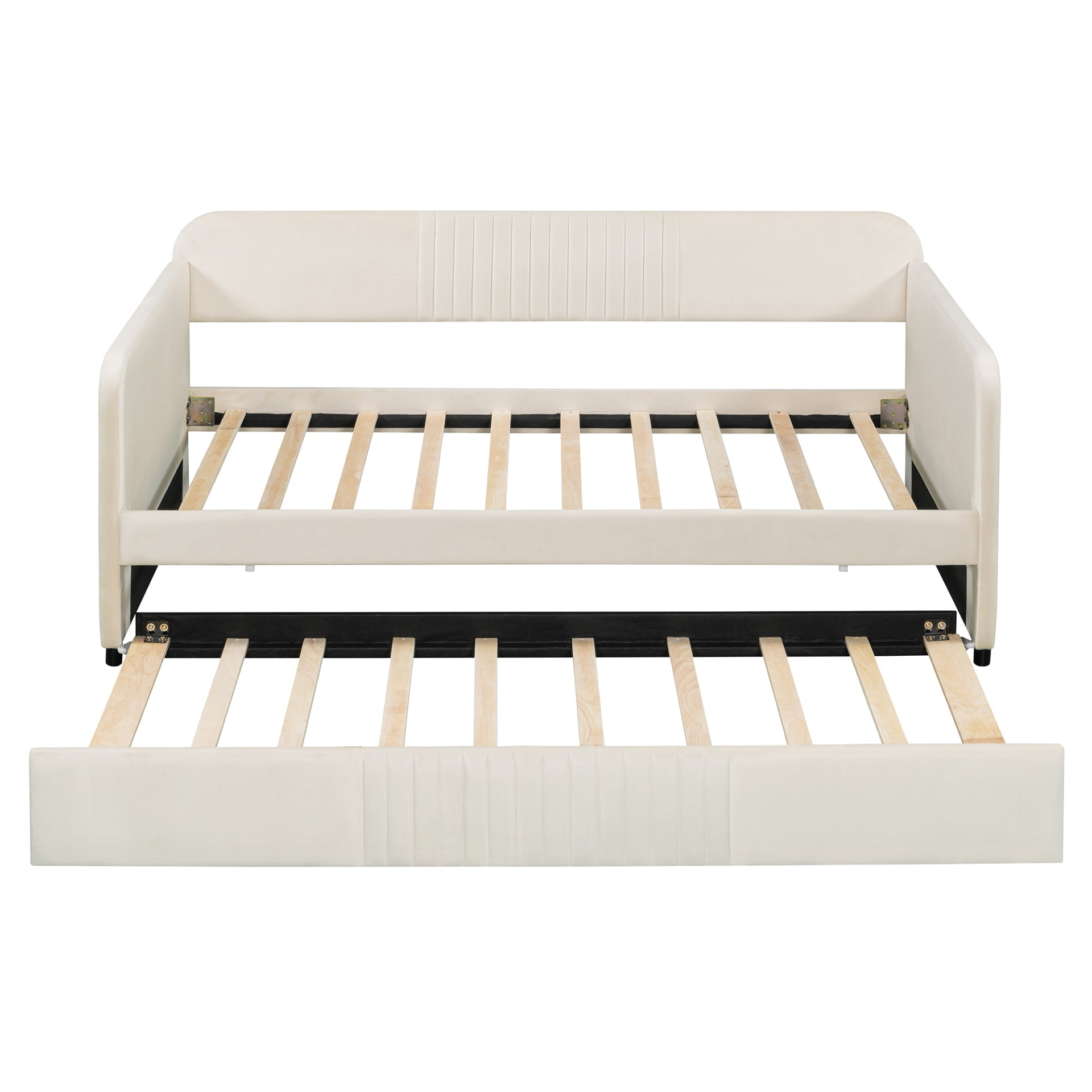 Start2Finish upholstered twin size daybed sofa bed with trundle and wood slat base, featuring cushioned upholstery and wooden frame.