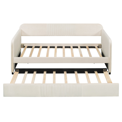 Start2Finish upholstered twin size daybed sofa bed with trundle and wood slat base, featuring cushioned upholstery and wooden frame.