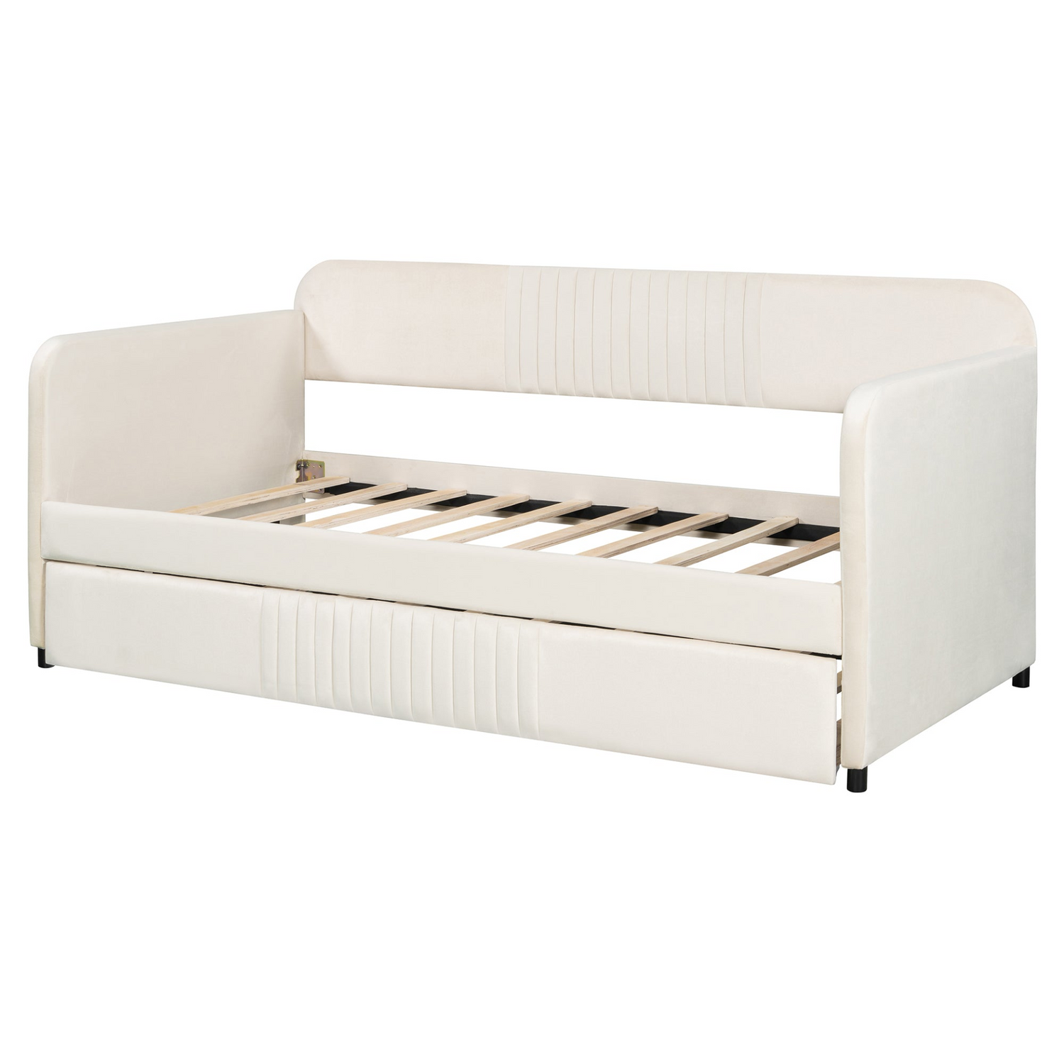 Start2Finish twin size upholstered daybed sofa bed with trundle and wood slat base, shown in a cozy living room setting.