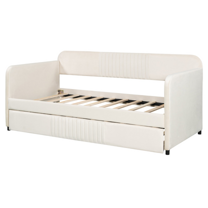 Start2Finish twin size upholstered daybed sofa bed with trundle and wood slat base, shown in a cozy living room setting.