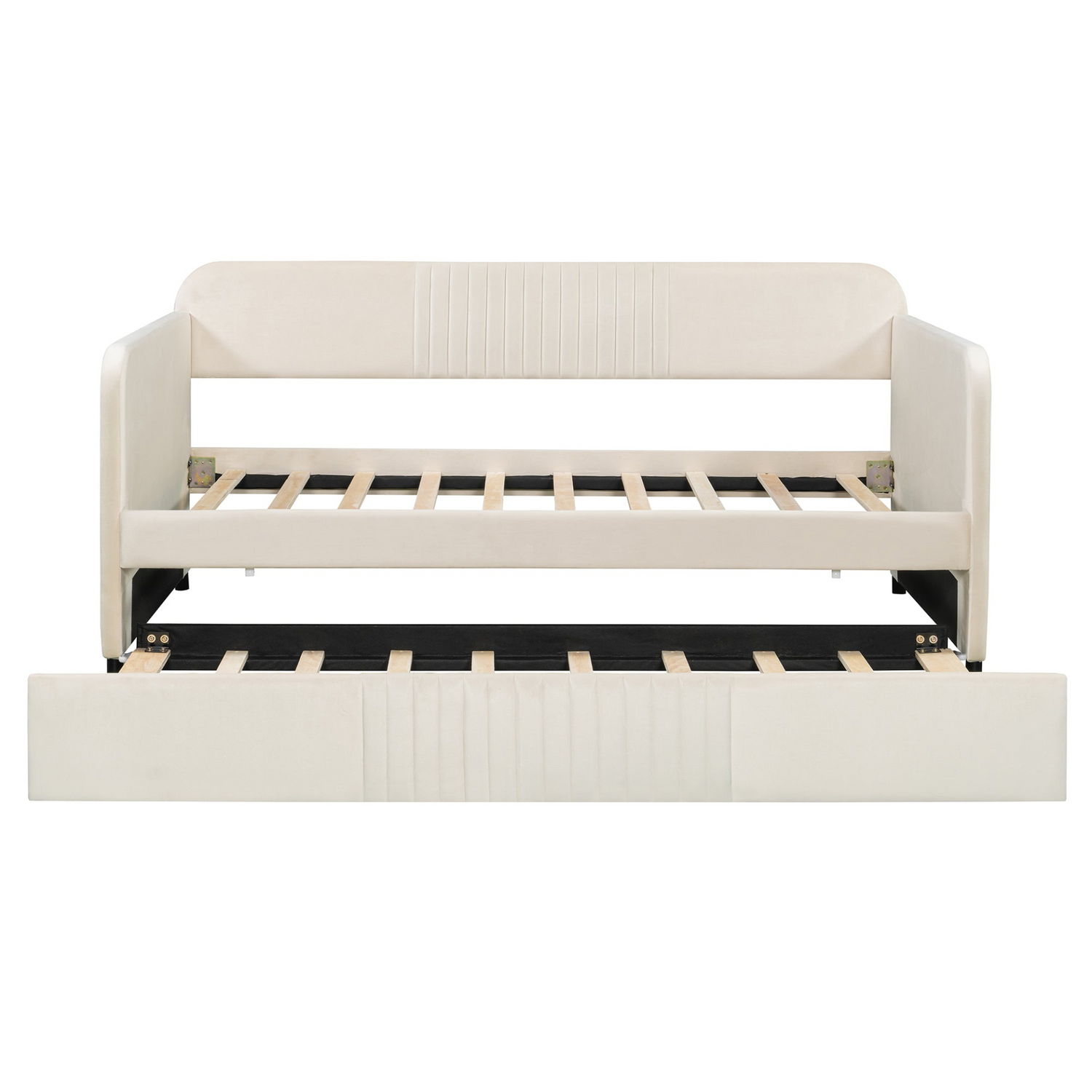 Start2Finish upholstered twin size daybed sofa bed with trundle and wood slat base, shown in a modern furniture setting.