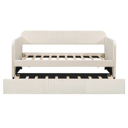 Start2Finish upholstered twin size daybed sofa bed with trundle and wood slat base, shown in a modern furniture setting.