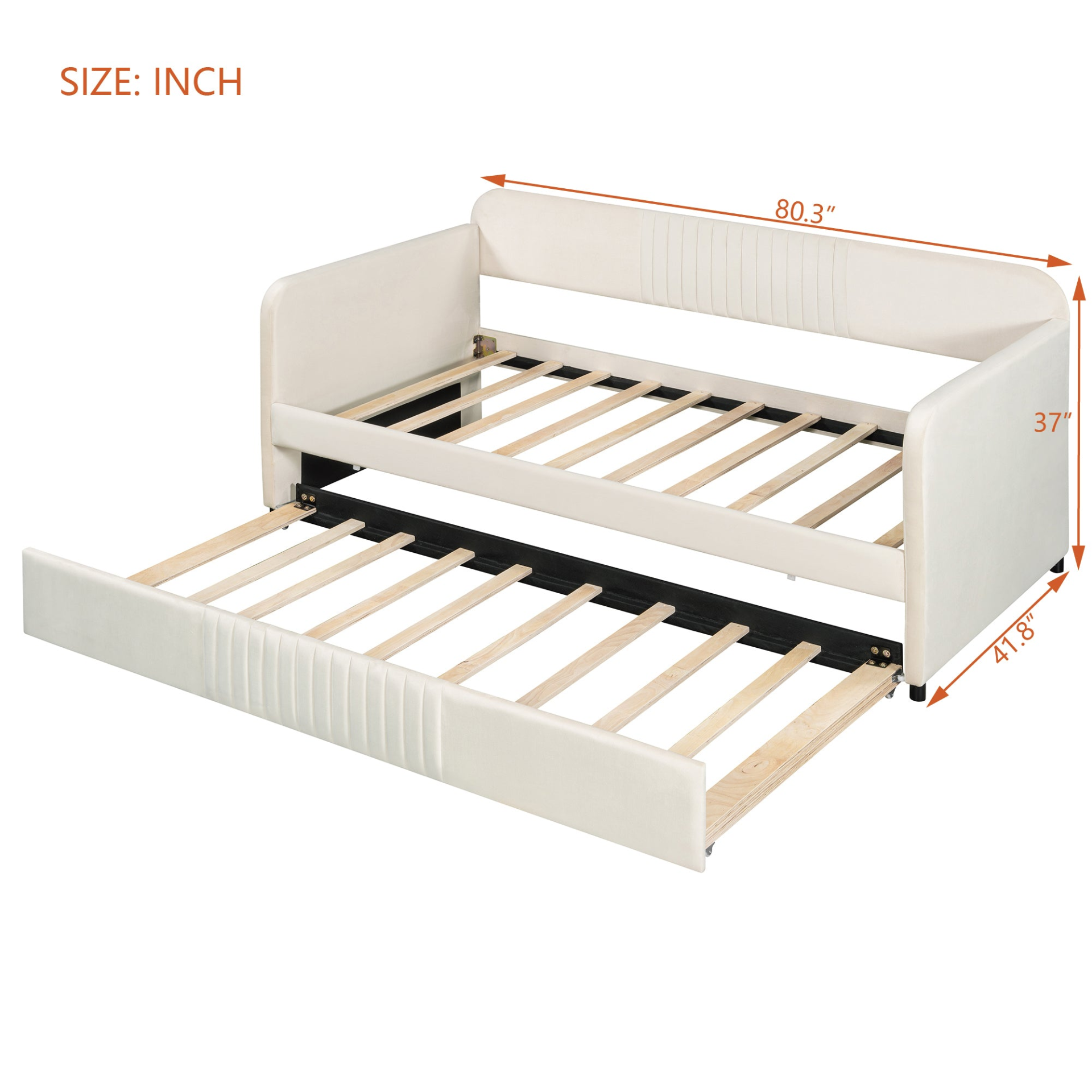 Start2Finish upholstered twin size daybed sofa bed with trundle and wood slat base, featuring plush fabric and wooden frame.