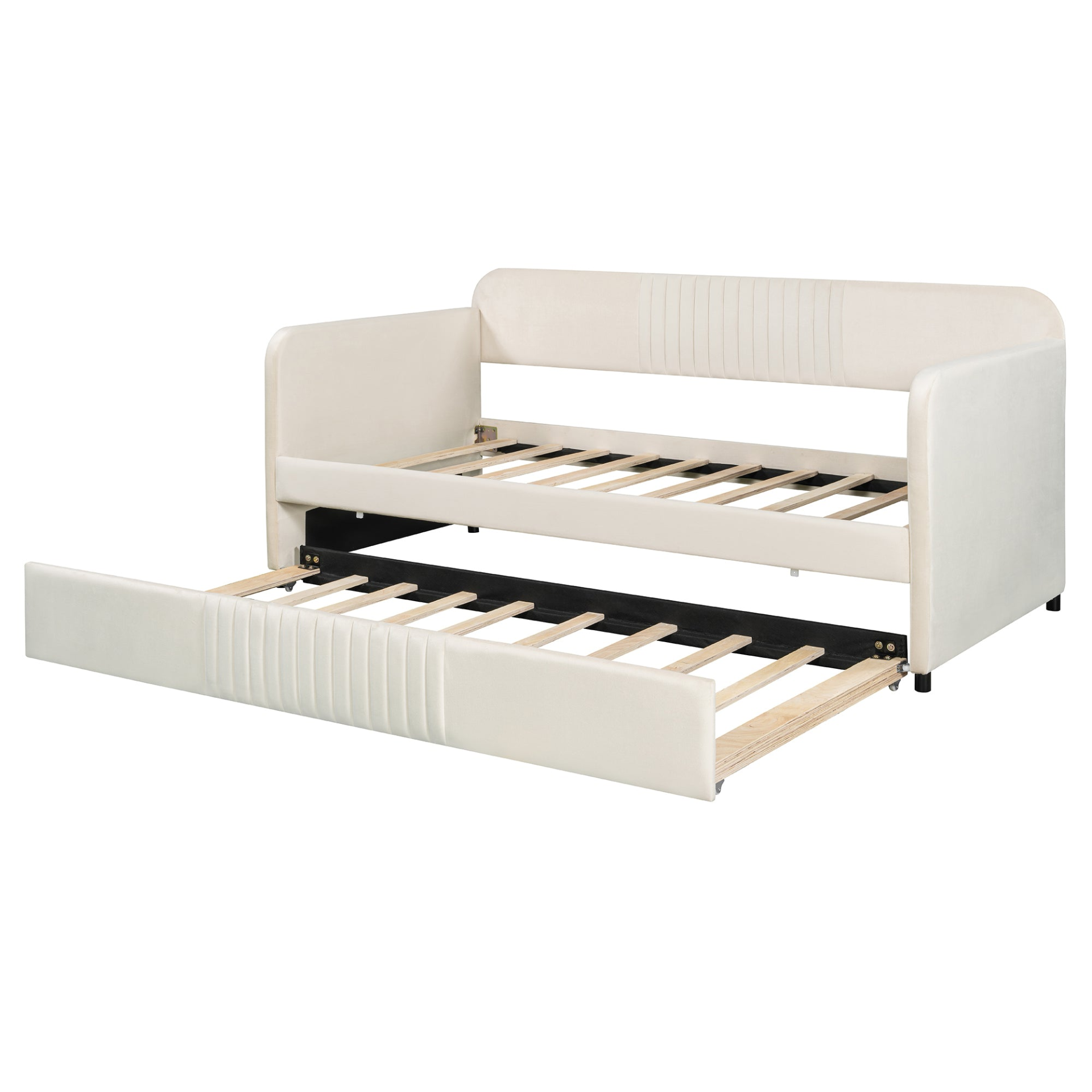 Start2Finish twin size upholstered daybed sofa bed with trundle and wood slat base, showcasing its comfortable, stylish furniture design.