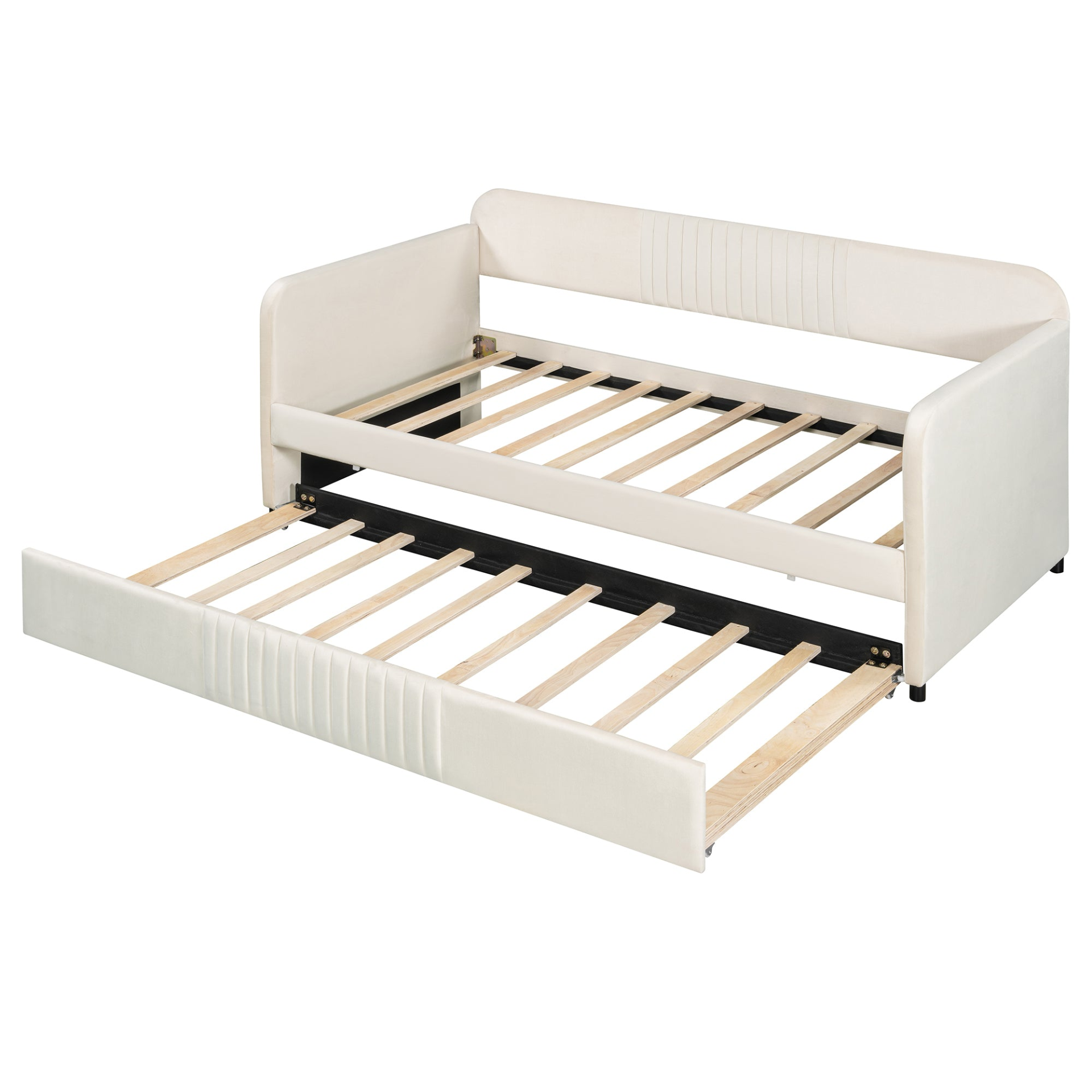 Start2Finish upholstered twin size daybed sofa bed with trundle and wood slat base, featuring plush fabric and sturdy wooden frame.