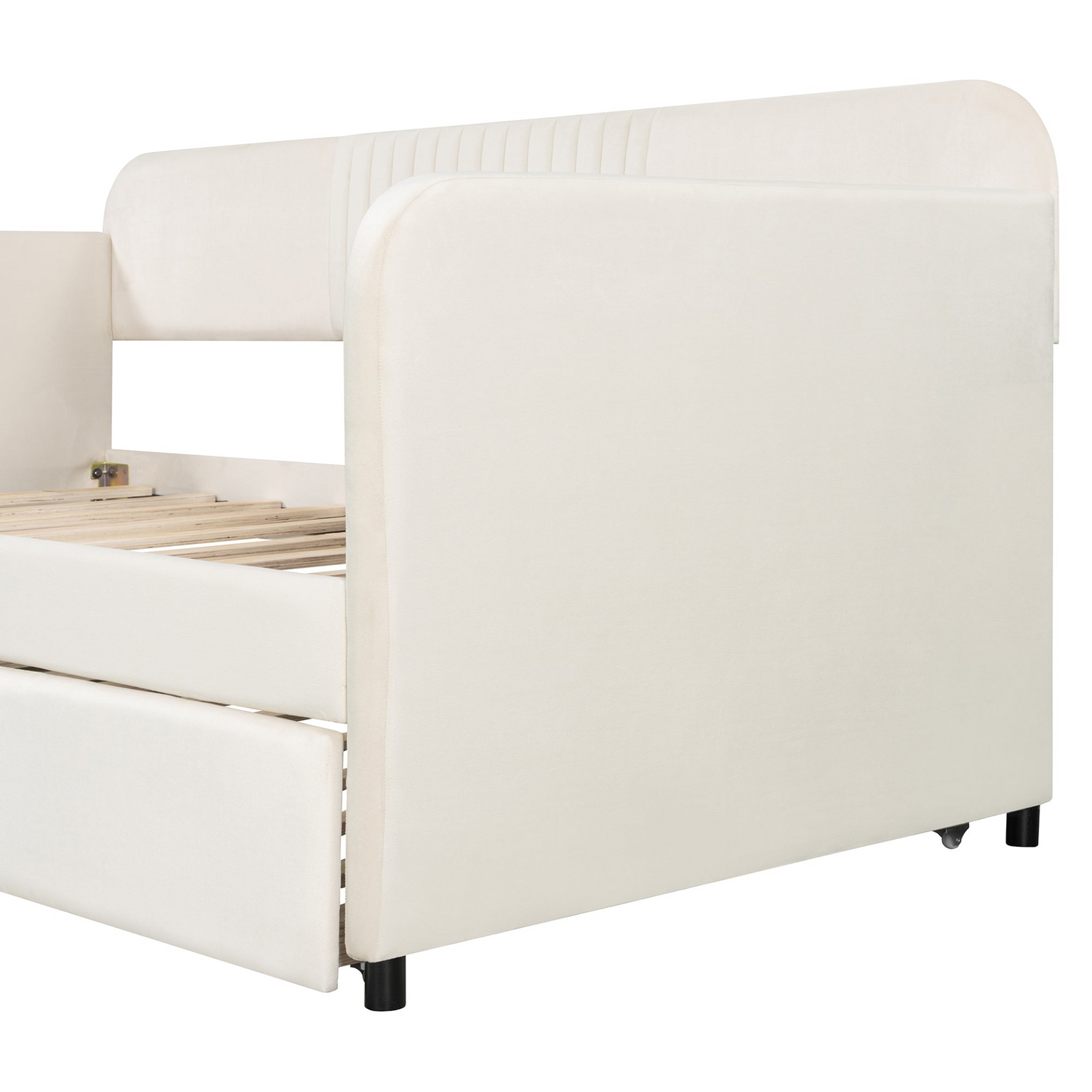 Start2Finish twin size upholstered daybed sofa bed with trundle and wood slat base, showcasing its cozy fabric and sturdy frame.