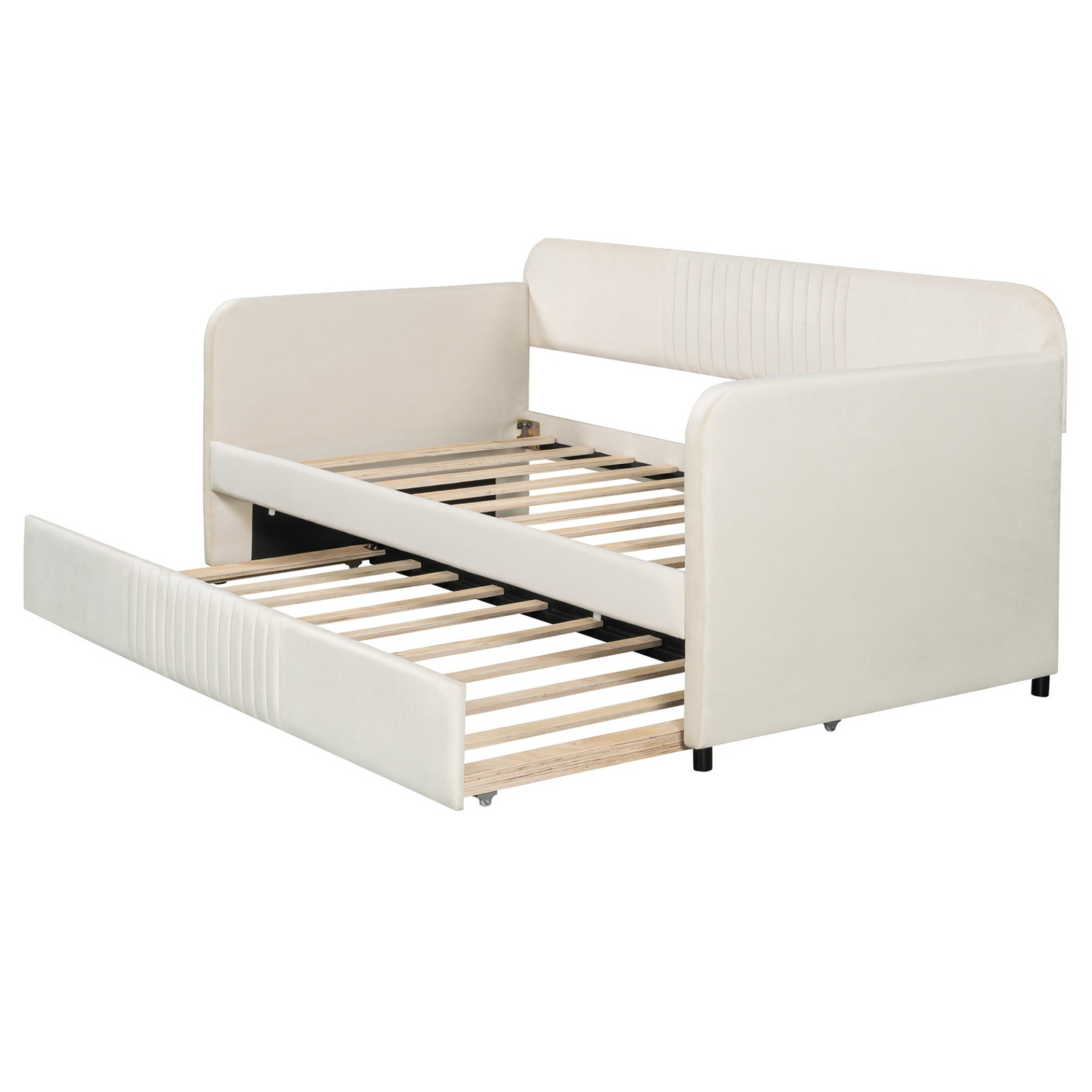 Start2Finish twin size upholstered daybed sofa bed with trundle and wood slat base, showcasing its plush fabric and wooden frame.