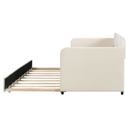 Start2Finish upholstered twin size daybed sofa bed with trundle and wood slat base, featuring plush fabric and sturdy wooden frame.