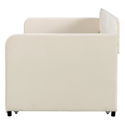 Start2Finish upholstered twin size daybed sofa bed with trundle and wood slat base, featuring plush fabric and sturdy wooden frame.