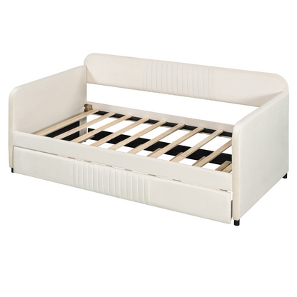Start2Finish upholstered twin size daybed sofa bed with trundle and wood slat base, featuring plush fabric and wooden frame.