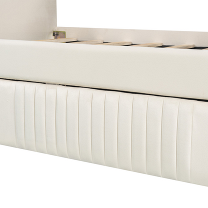 Start2Finish upholstered twin size daybed sofa bed with trundle and wood slat base, showcasing plush fabric and sturdy wood construction.