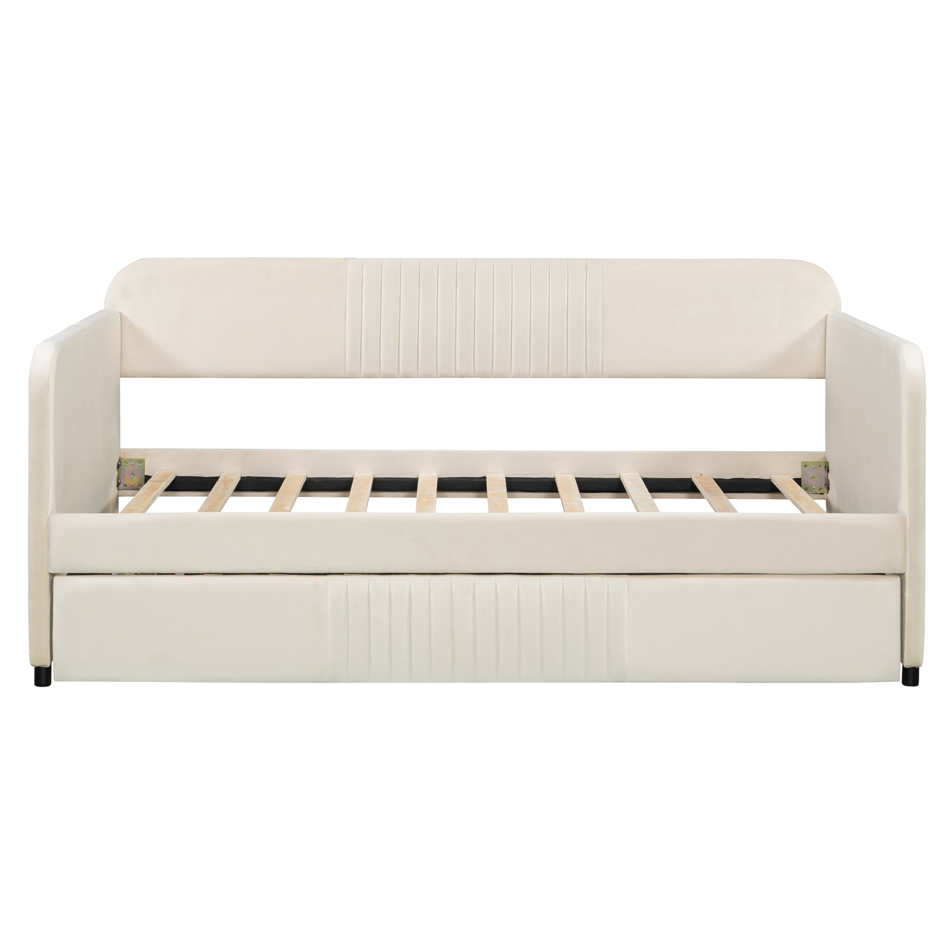 Start2Finish twin size upholstered daybed sofa bed with trundle and wood slat base, ideal for versatile furniture in a bedroom or guest room.