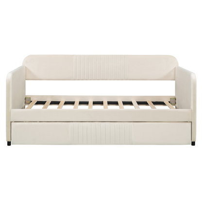 Start2Finish twin size upholstered daybed sofa bed with trundle and wood slat base, ideal for versatile furniture in a bedroom or guest room.