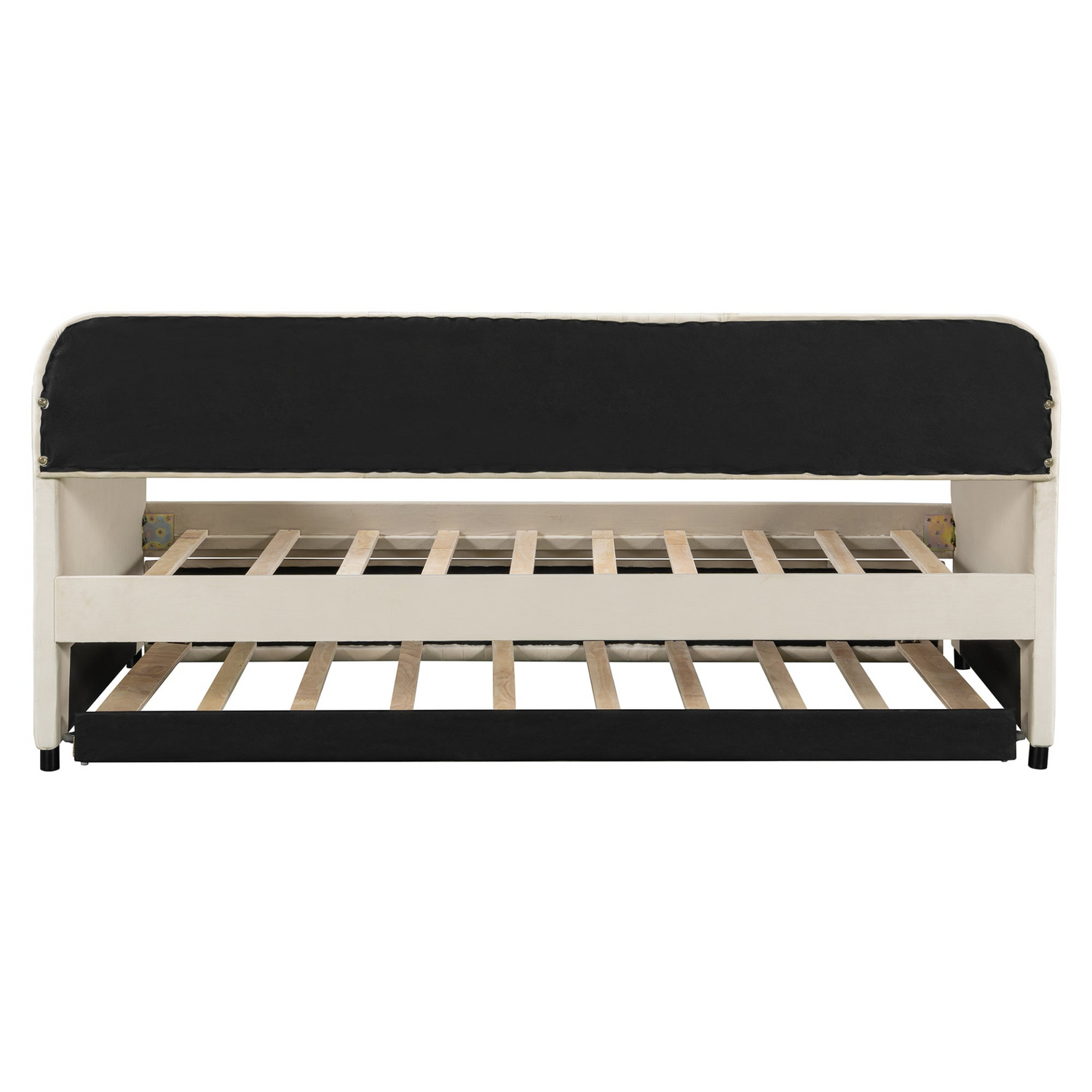 Start2Finish upholstered twin daybed sofa bed with trundle and wood slat base, showcasing plush fabric and wooden frame.