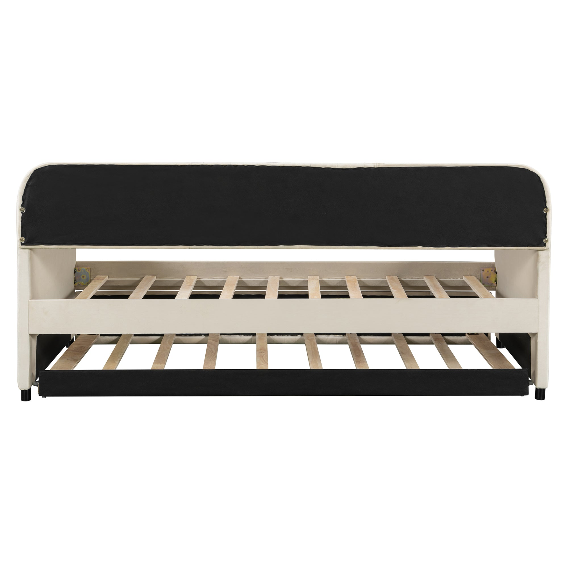 Start2Finish upholstered twin daybed sofa bed with trundle and wood slat base, showcasing plush fabric and wooden frame.