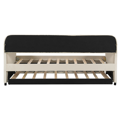 Start2Finish upholstered twin daybed sofa bed with trundle and wood slat base, showcasing plush fabric and wooden frame.
