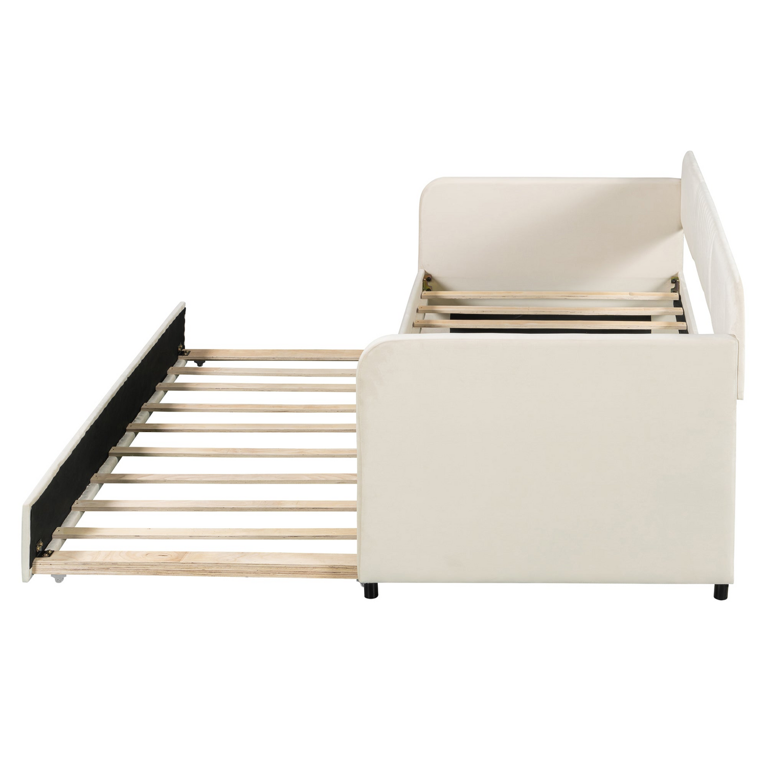 Start2Finish twin size upholstered daybed sofa bed with trundle and wood slat base, shown in a cozy living room setting