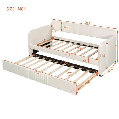 Start2Finish upholstered twin size daybed sofa bed with trundle and wood slat base, featuring plush cushioning and wooden frame.