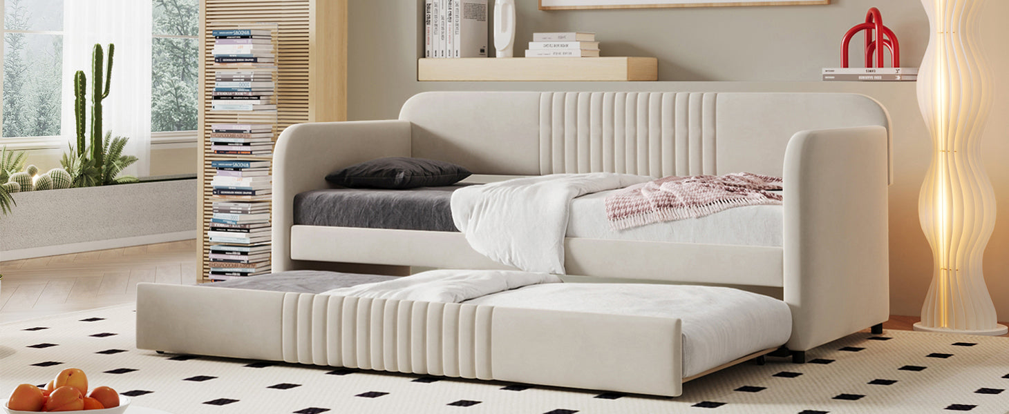 Start2Finish upholstered twin size daybed sofa bed with trundle and wood slat base, showcasing its cozy, versatile furniture design.