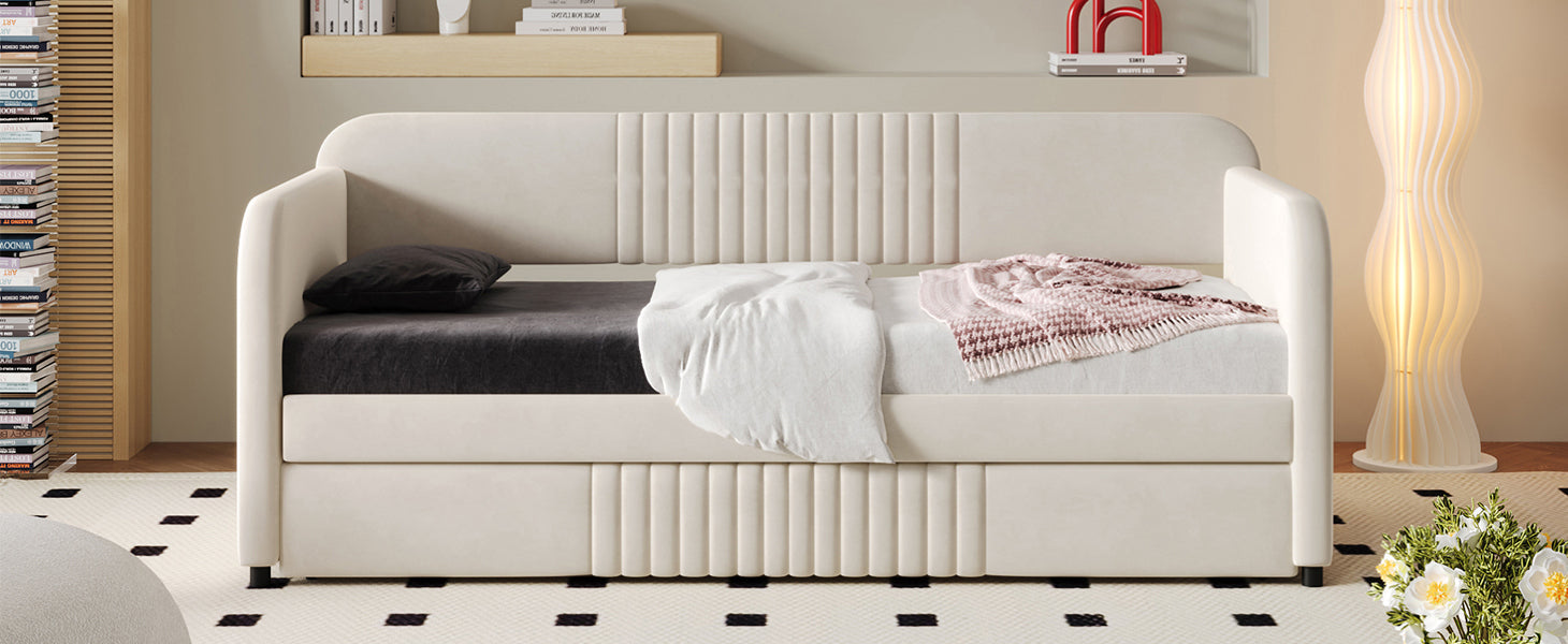 Start2Finish twin size upholstered daybed sofa bed with trundle and wood slat base, featuring plush fabric and sturdy wooden frame.
