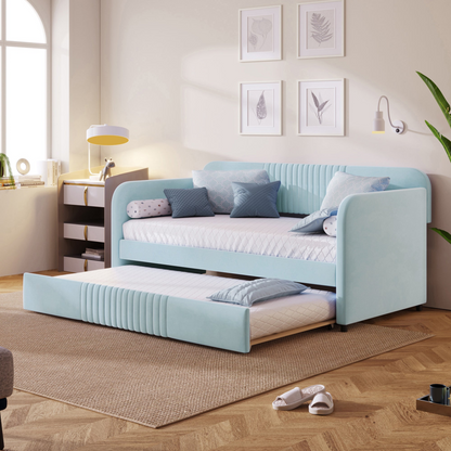 Start2Finish upholstered twin size daybed sofa bed with trundle and wood slat base, showcasing plush fabric and sturdy frame.