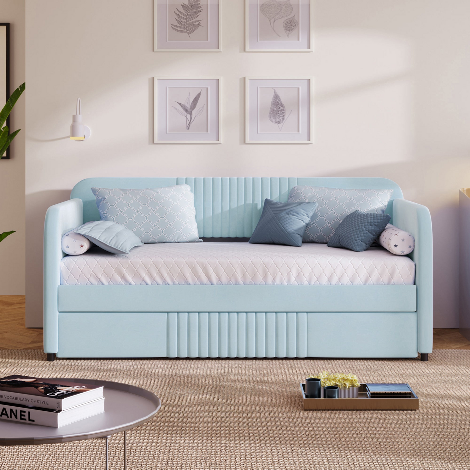 Start2Finish upholstered twin size daybed sofa bed with trundle and wood slat base, featuring plush fabric and modern design.