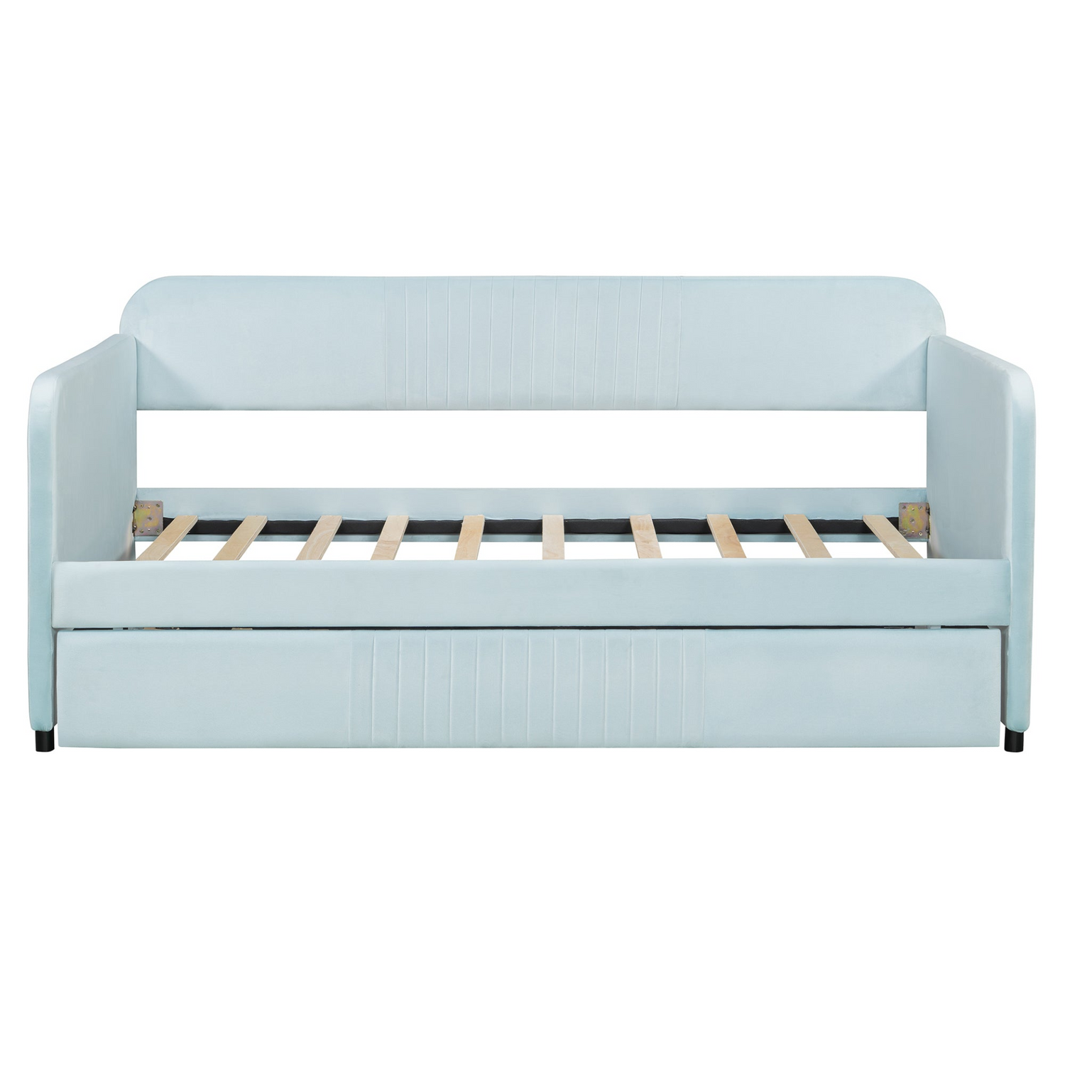 Start2Finish twin size upholstered daybed sofa bed with trundle and wood slat base, ideal for versatile furniture in a modern bedroom